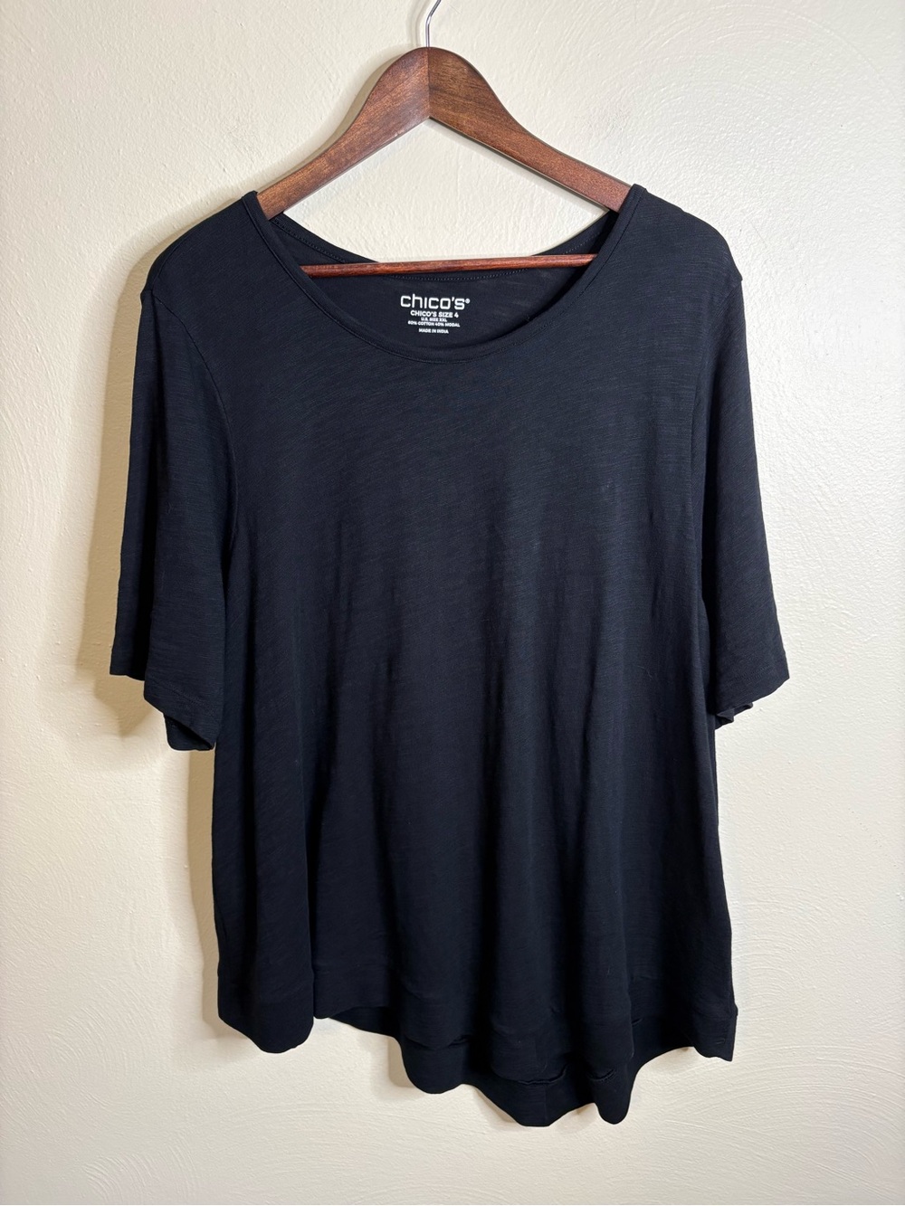 Chico’s Size 4 XXL Black Modal Cotton Swing Tee Tunic Top Modern Minimalist Chic